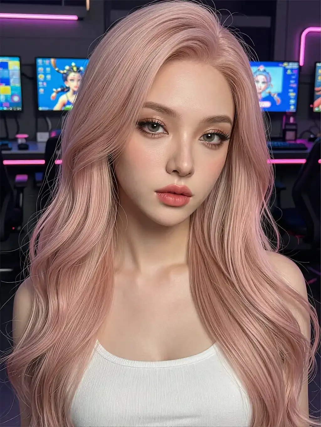 Host of a free room on the board, a fictional AI character in front of lit screens