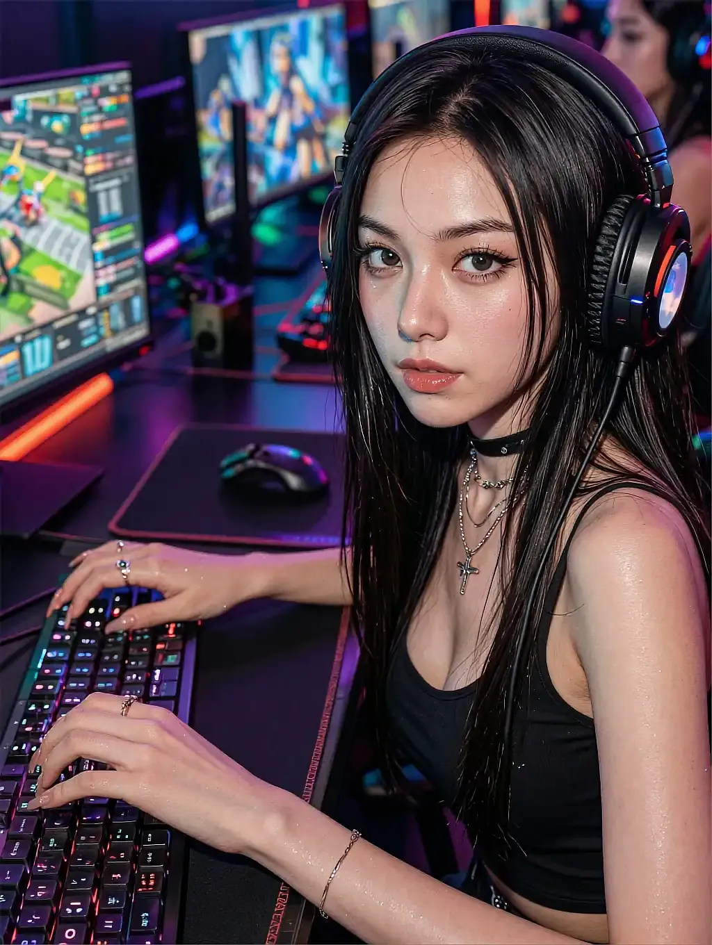 Fictional AI host at a console of lit monitors, holding one of the AI dating rooms